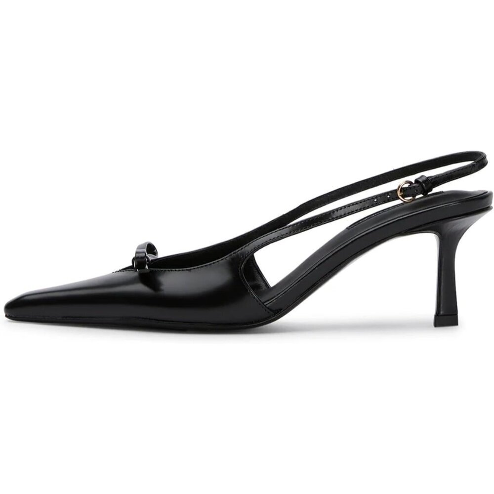 Women's Black Slingback Kitten Heels Bow Ankle Strap Pointed Toe Heel Sexy
